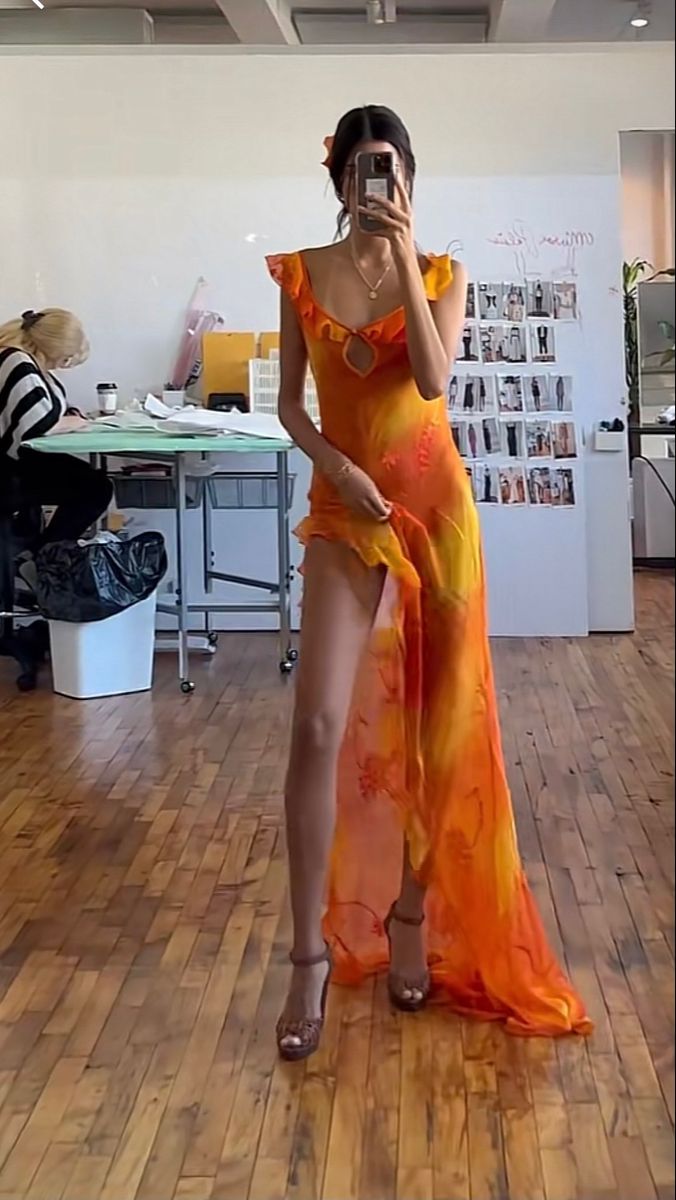 Orange Fashion Gradient Spaghetti Strap Long Ruffle Elegant Chiffon Ball Gown prom dress Evening Dress Holiday Party Dress gh3319s mysite