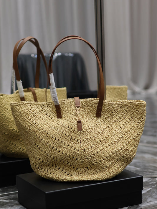 YSL PANIER MEDIUM IN RAFFIA AND VEGETABLE-TANNED LEATHER mysite