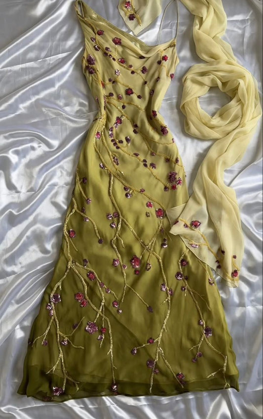 Yellow Green gorgeous exquisite vintage embroidered spaghetti strap long ball gown prom dress evening gown gh2932s mysite