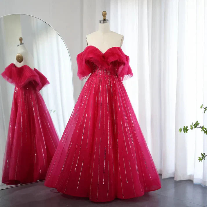 Rose red Off the Shoulder Sequin Rhinestone Tulle Long Ball Gown Prom Dress SH1835s mysite