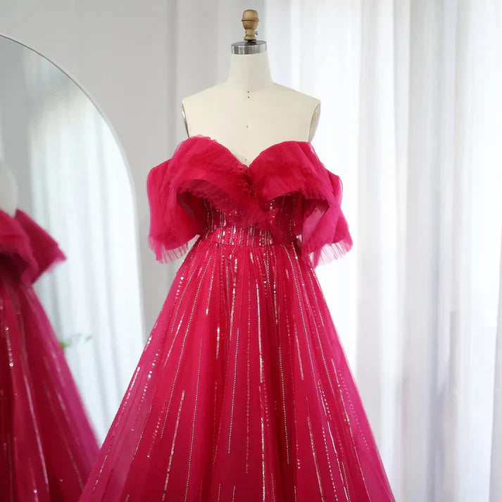 Rose red Off the Shoulder Sequin Rhinestone Tulle Long Ball Gown Prom Dress SH1835s mysite