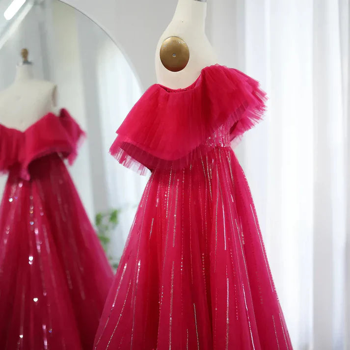 Rose red Off the Shoulder Sequin Rhinestone Tulle Long Ball Gown Prom Dress SH1835s mysite