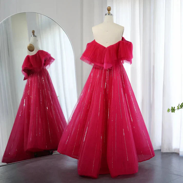 Rose red Off the Shoulder Sequin Rhinestone Tulle Long Ball Gown Prom Dress SH1835s mysite