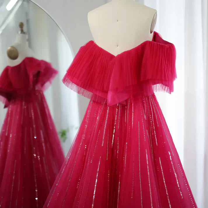 Rose red Off the Shoulder Sequin Rhinestone Tulle Long Ball Gown Prom Dress SH1835s mysite