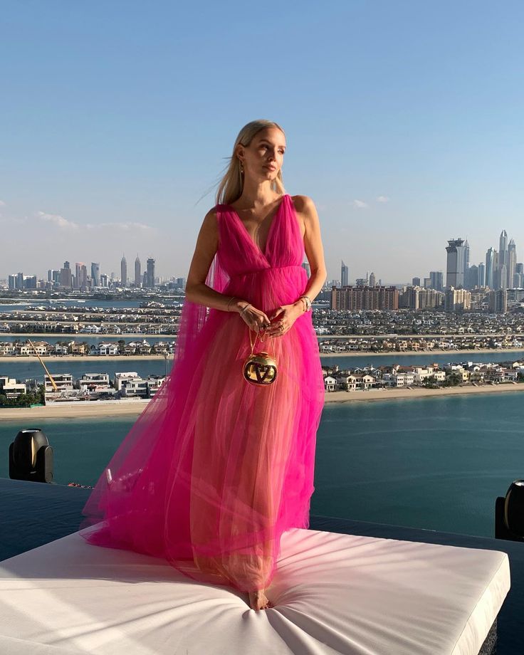 Pink V-neck contrast color long shoulder strap tulle long ball gown prom dress evening dress gh3067s mysite