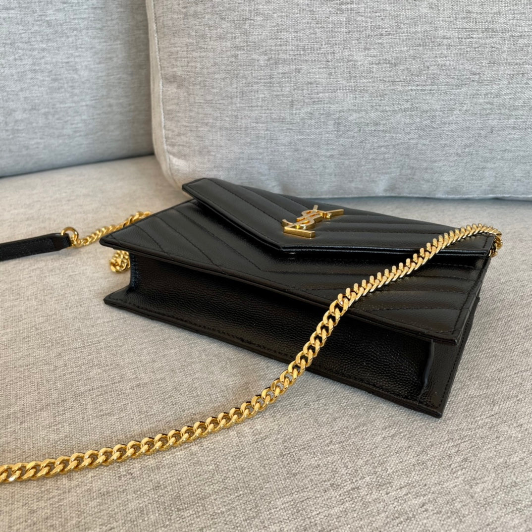 YSL  Cassandre Envelope Chain Wallet Black Grain Leather Golden Hardware 19 cm mysite
