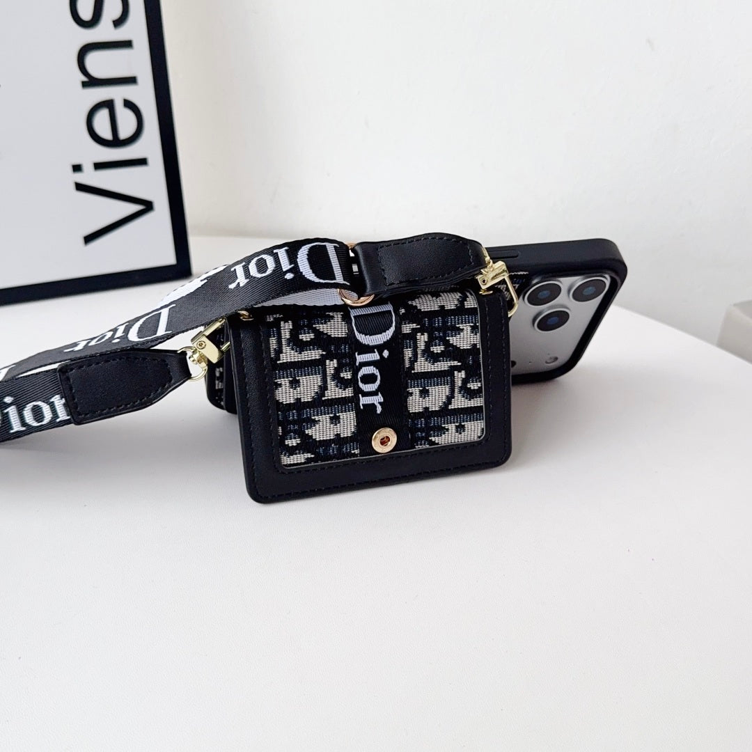 Dior Leather Phone Case With Card Wallet And Strap For iPhone 17 / 16 / 15 / 14s mysite