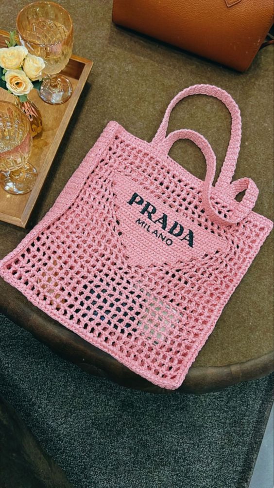 Prada Women's Natural Crochet Tote Bag-Pink mysite