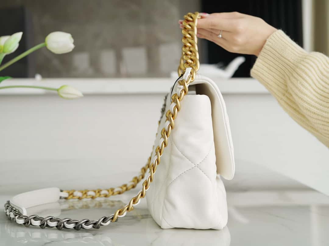 Chanel 19 Large Handbag Lambskin Gold AS1161 White mysite