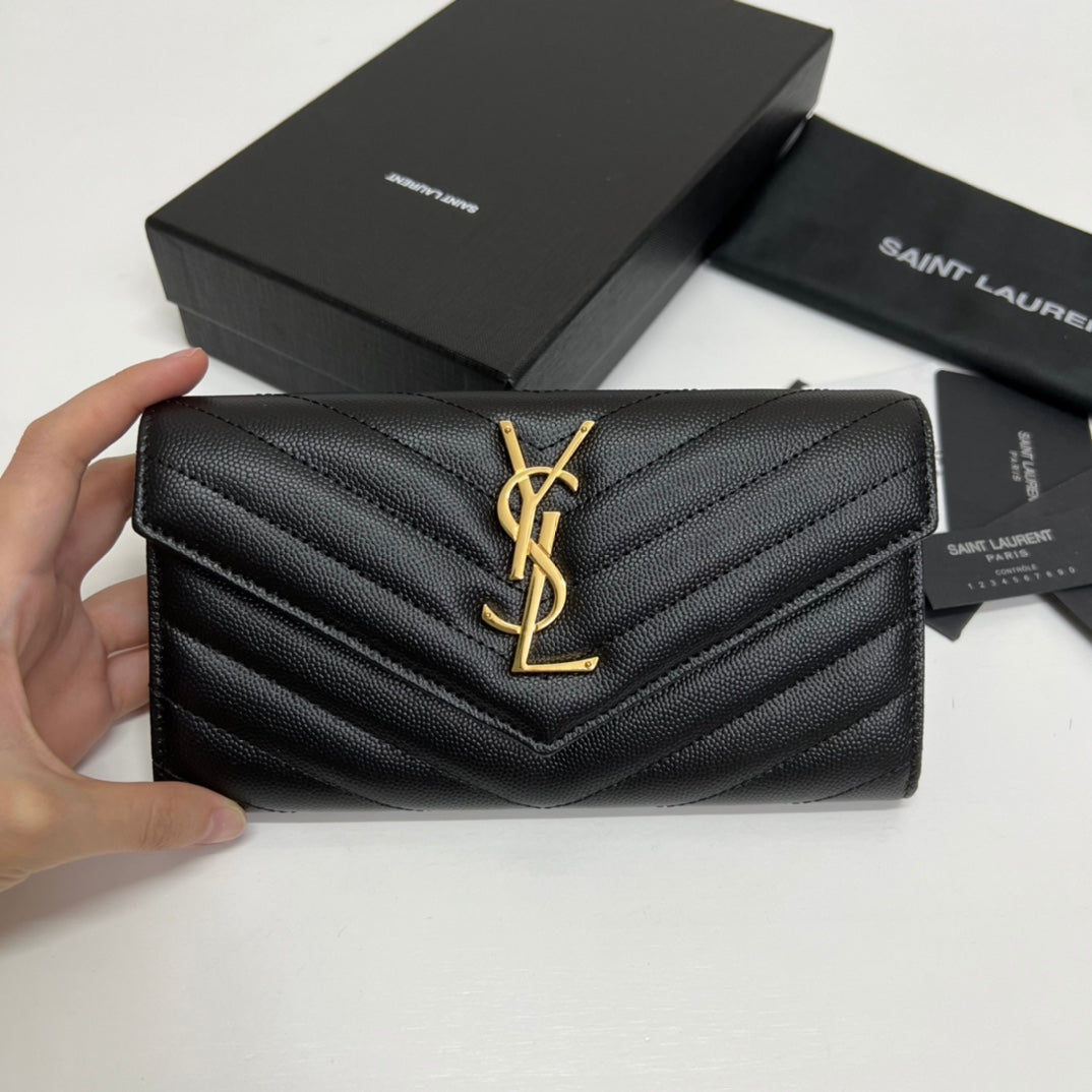 YSL Long Wallet Black Leather Gold Tone 10769 19cm mysite
