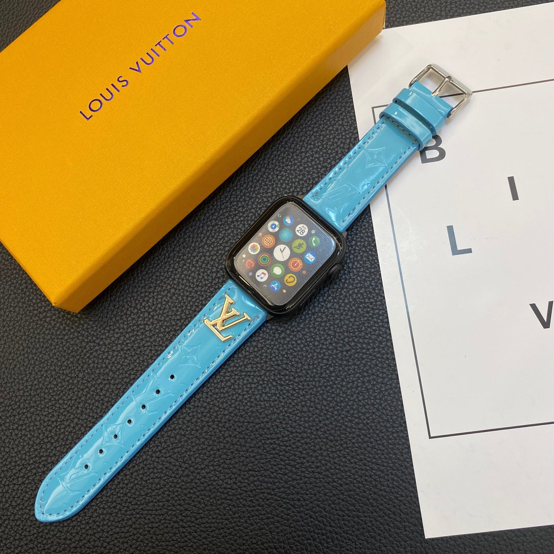 GLOSSY LEATHER APPLE WATCH STRAP LUXURY METAL LOGO mysite