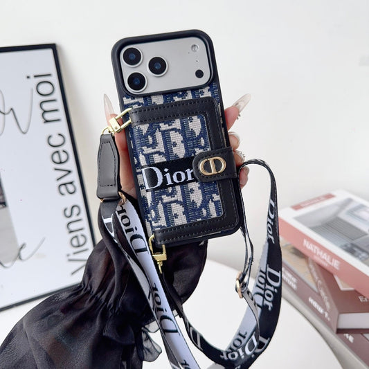 Dior Leather Phone Case With Card Wallet And Strap For iPhone 17 / 16 / 15 / 14s mysite