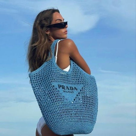 Prada Raffia Tote Bag-Blue mysite