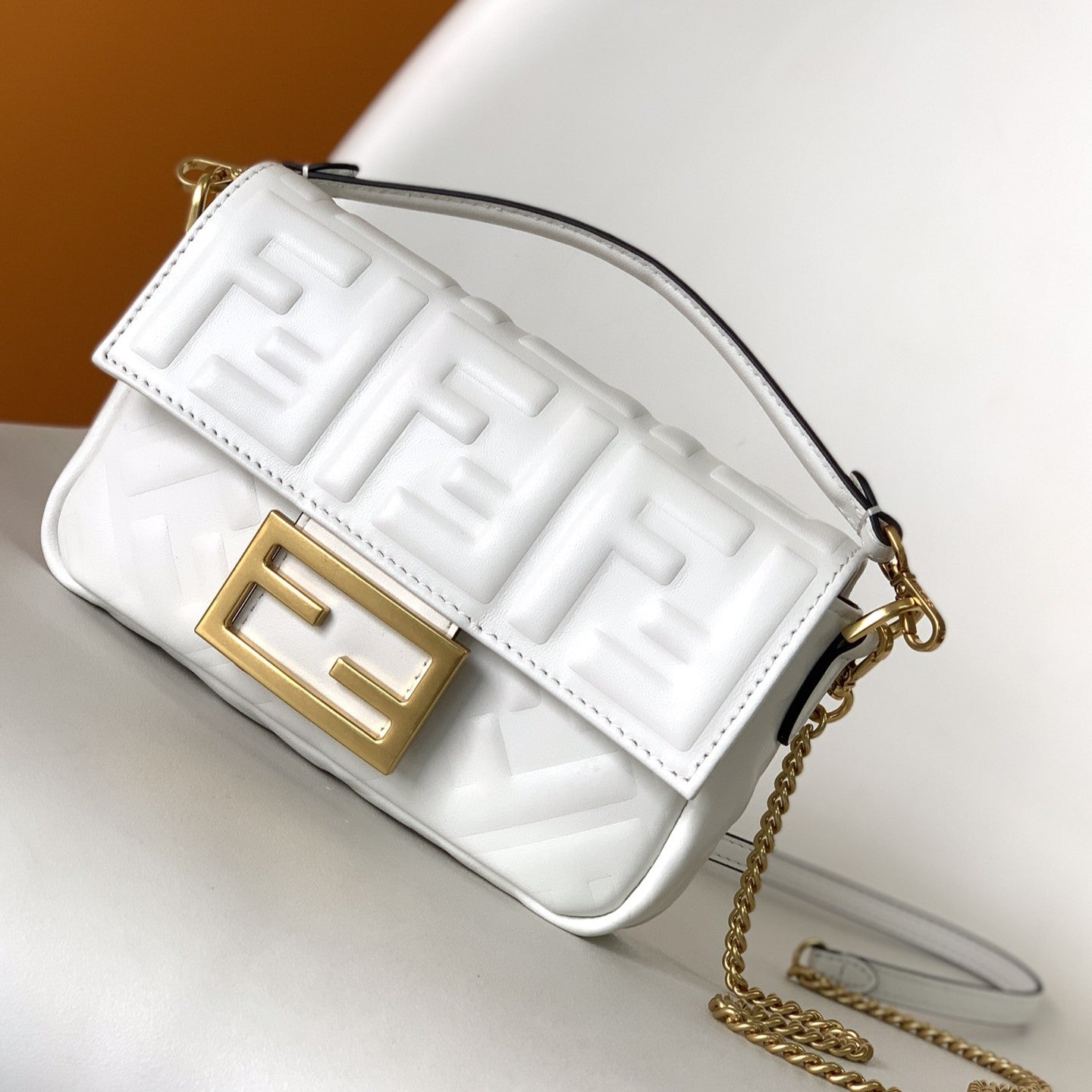 Mini Baguette Bag 20 With FF Motif White Leather Ghw mysite