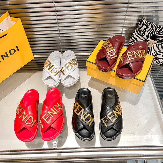 Metal Letters Leather Comfortable Slippers mysite