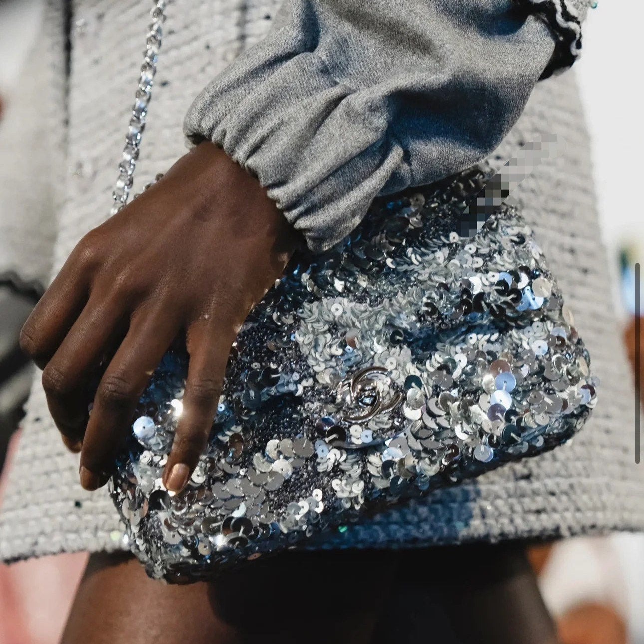 25C Flap Bag 21cm Dense Silver Sequin White Calfskin mysite