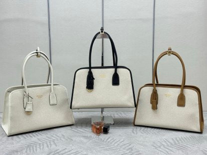 Prada Linen Medium Tote Bag Soft Grain Leather & Canvas mysite