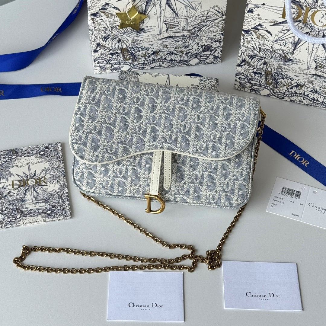 CD Medium Saddle Pouch with Chain 21.5cm White Grey Jacquard Cowhide GHW mysite