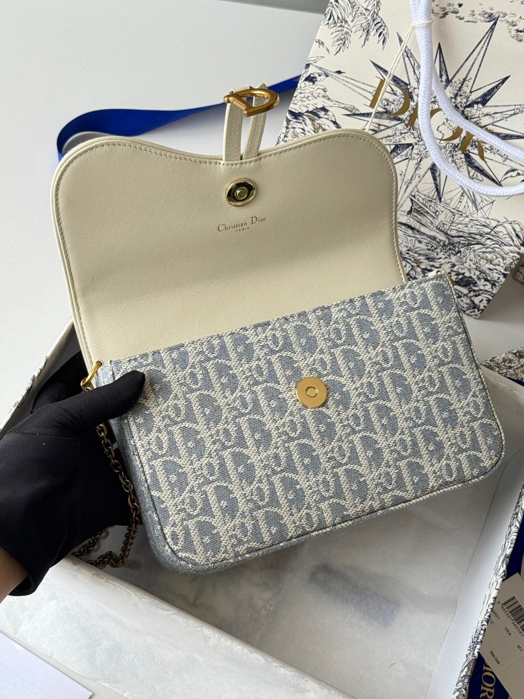 CD Medium Saddle Pouch with Chain 21.5cm White Grey Jacquard Cowhide GHW mysite