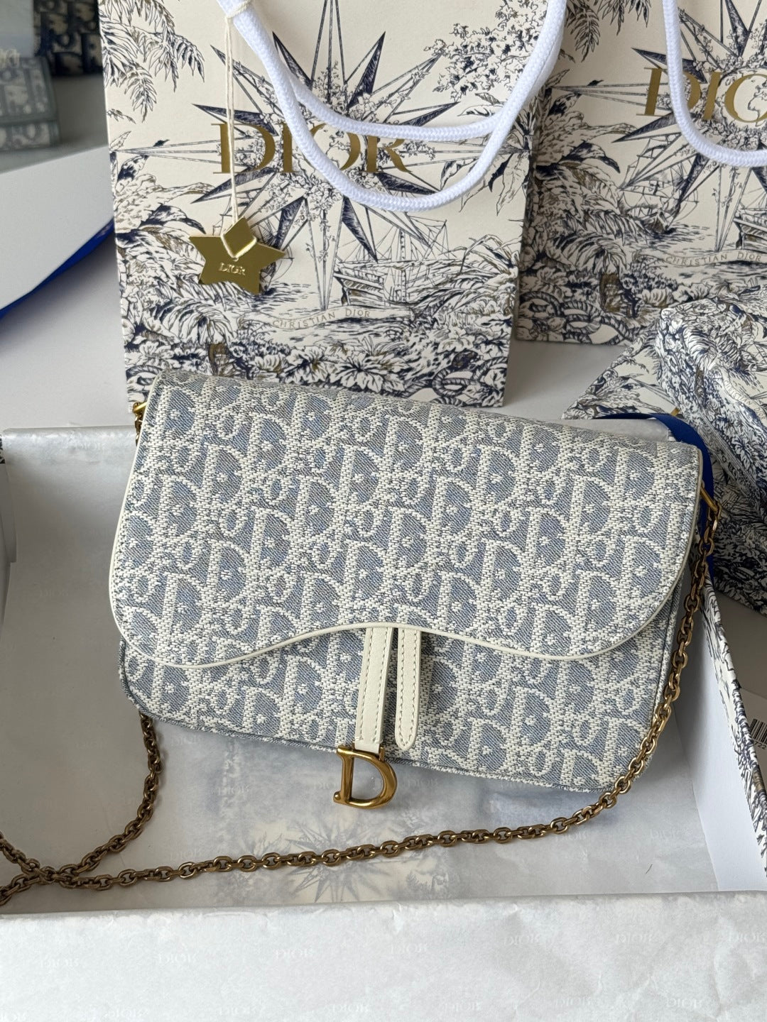 CD Medium Saddle Pouch with Chain 21.5cm White Grey Jacquard Cowhide GHW mysite