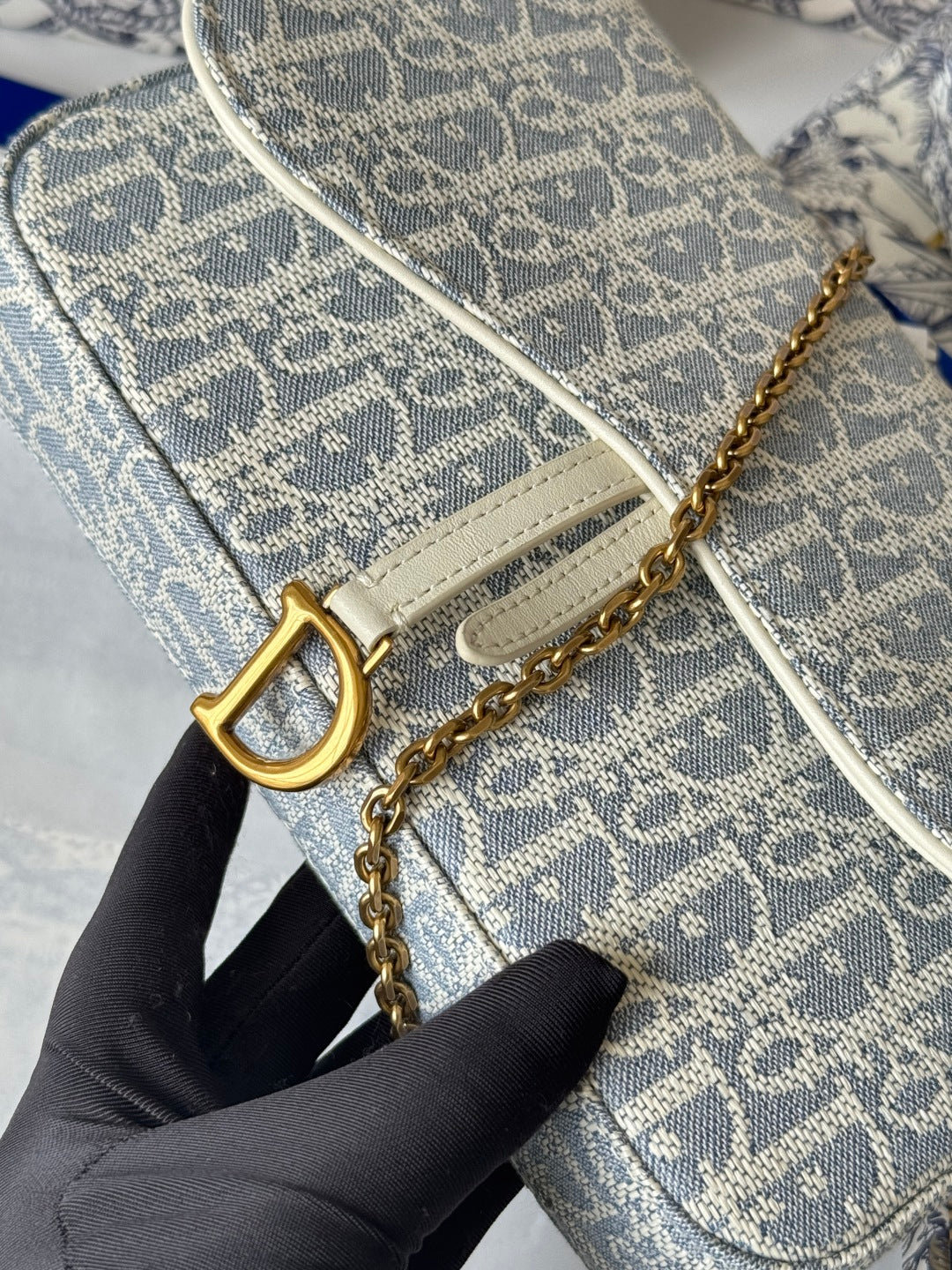 CD Medium Saddle Pouch with Chain 21.5cm White Grey Jacquard Cowhide GHW mysite