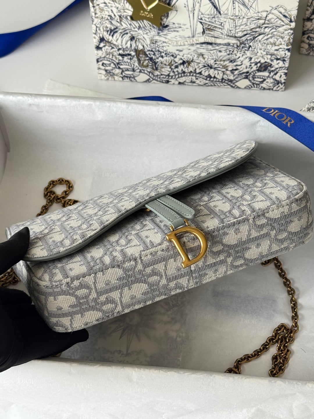 CD Medium Saddle Pouch with Chain 21.5cm Grayish Jacquard Cowhide GHW mysite