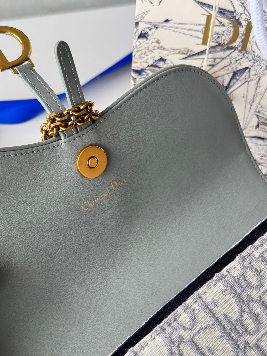 CD Medium Saddle Pouch with Chain 21.5cm Grayish Jacquard Cowhide GHW mysite