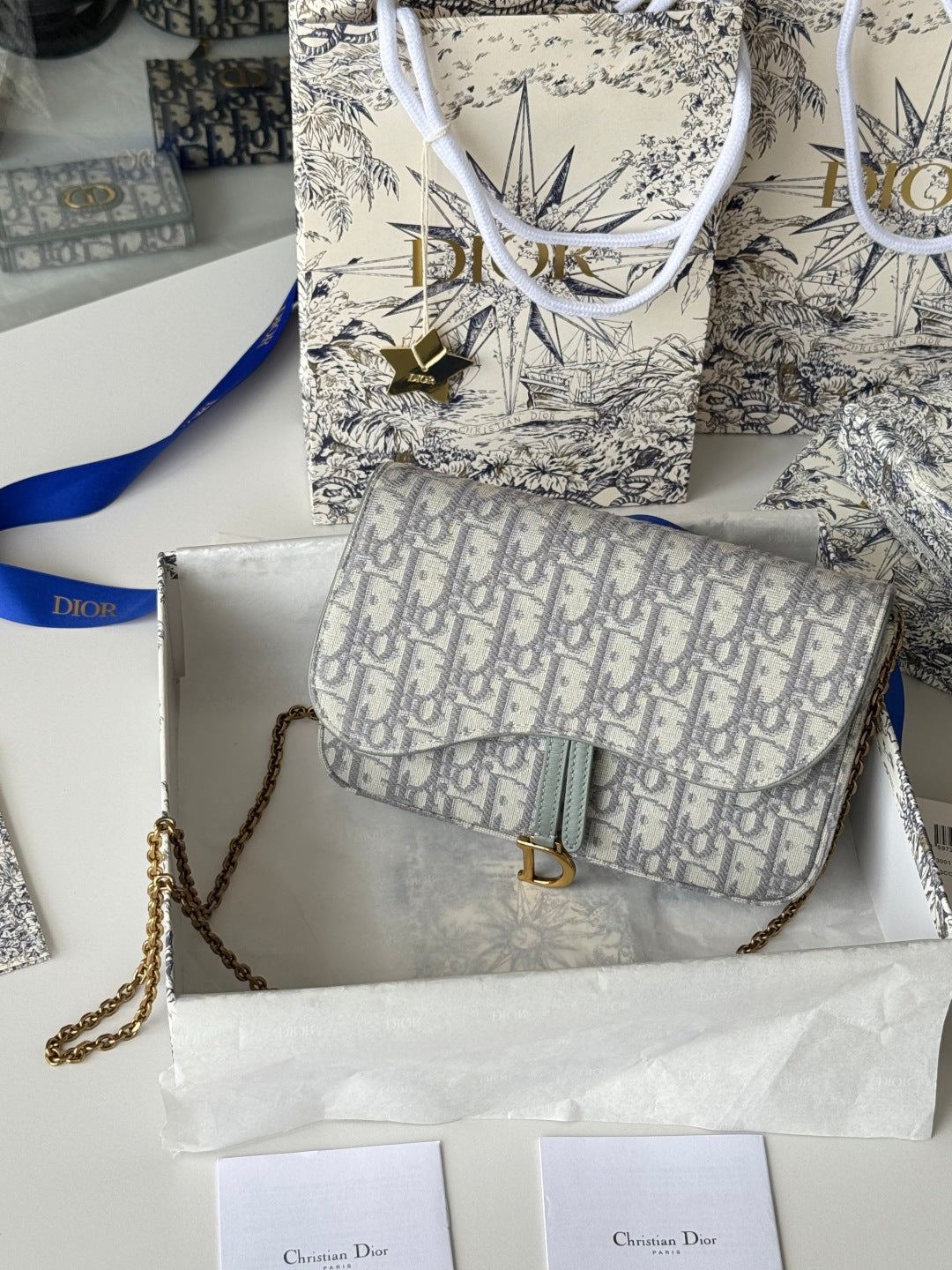 CD Medium Saddle Pouch with Chain 21.5cm Grayish Jacquard Cowhide GHW mysite