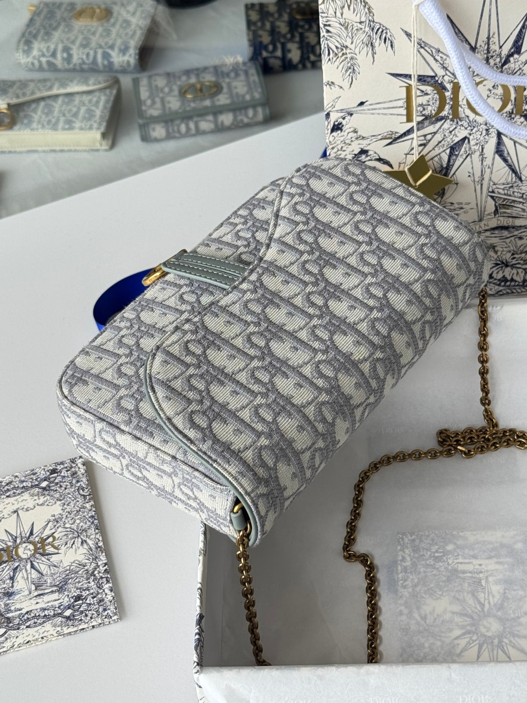 CD Medium Saddle Pouch with Chain 21.5cm Grayish Jacquard Cowhide GHW mysite