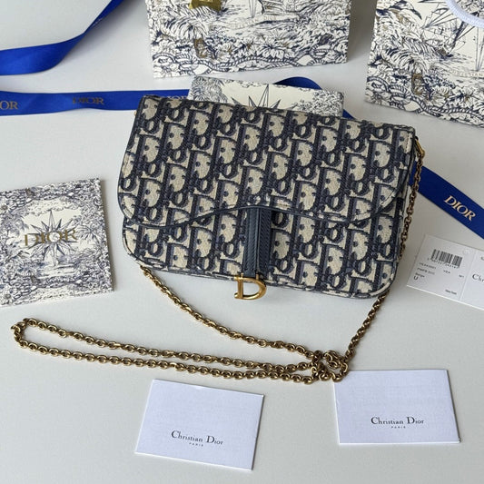 CD Medium Saddle Pouch with Chain 21.5cm Blue Jacquard Cowhide GHW mysite