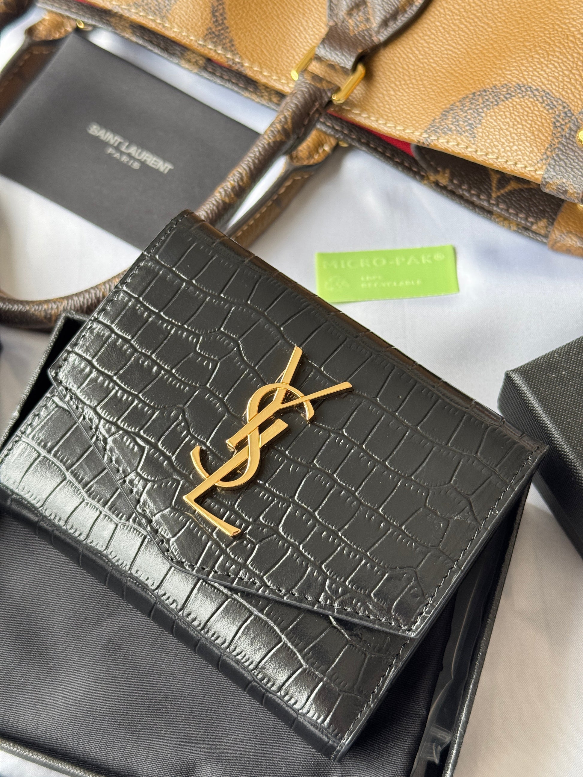 YSL Tri-fold Wallet 12cm Black Gold Alligator leather mysite