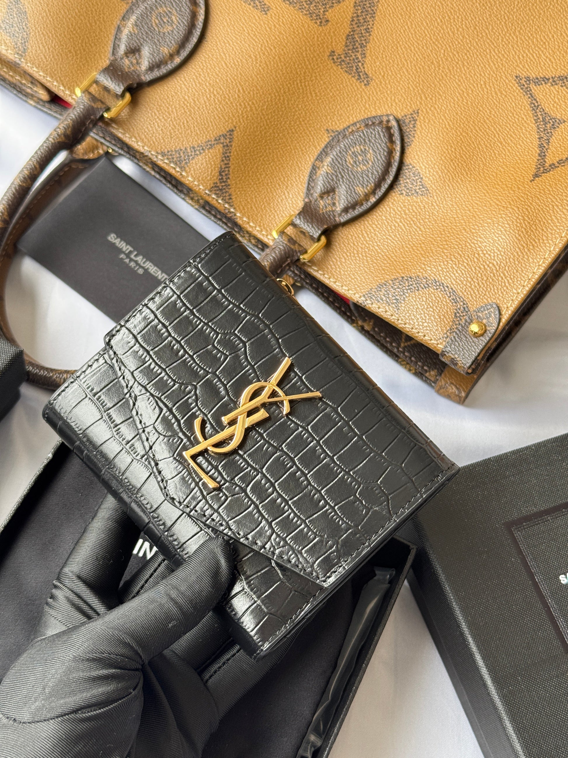 YSL Tri-fold Wallet 12cm Black Gold Alligator leather mysite