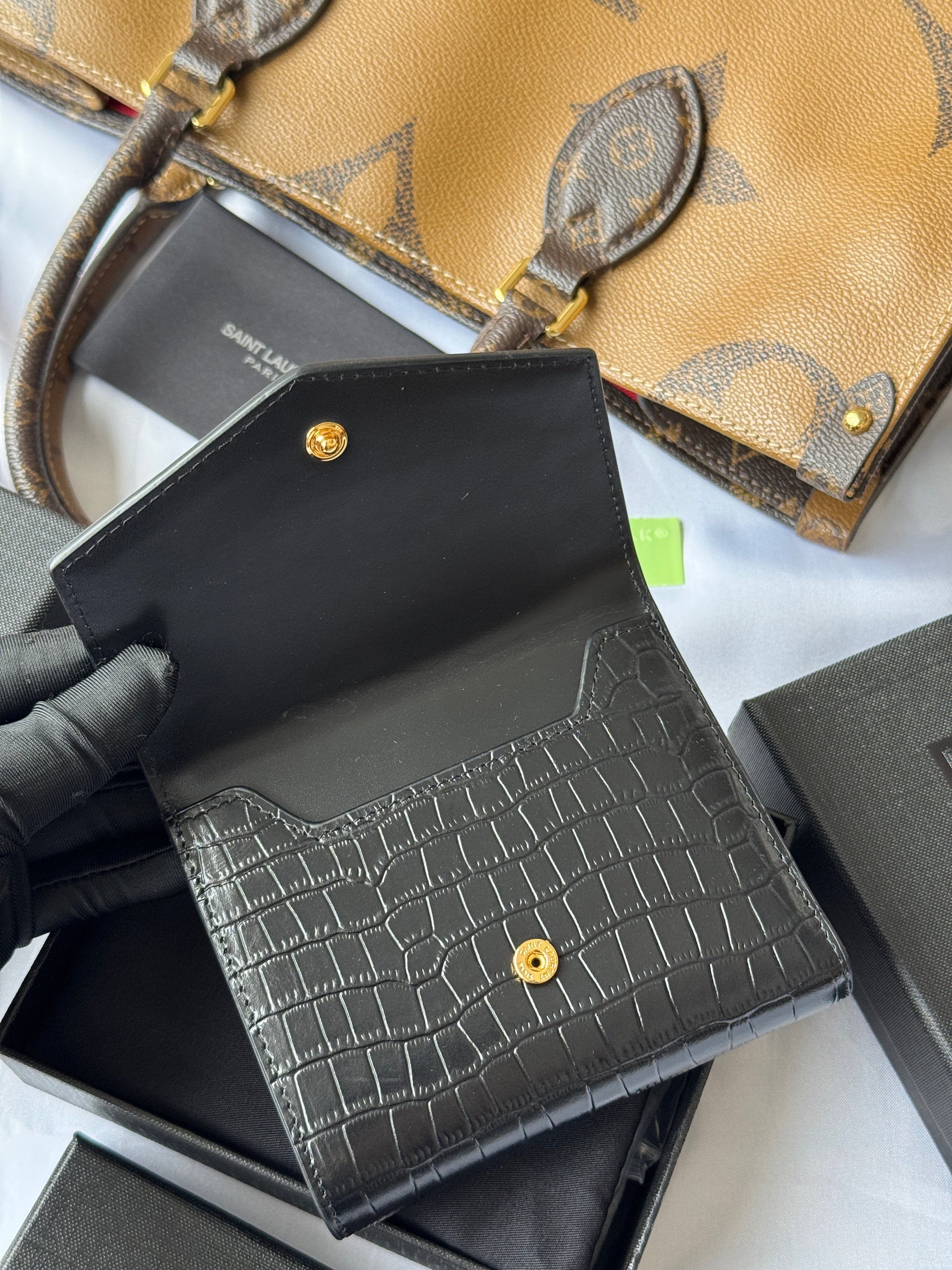 YSL Tri-fold Wallet 12cm Black Gold Alligator leather mysite