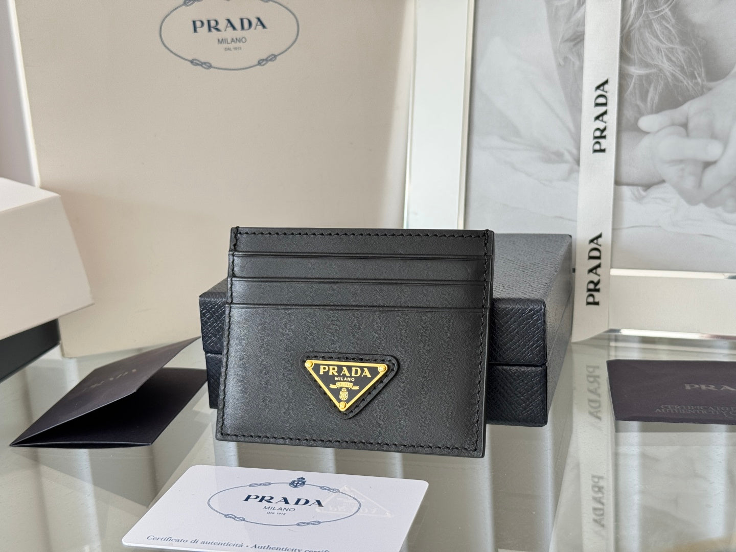 Pra Gold Logo-Plaque Card Holder Black Saffiano Leather mysite