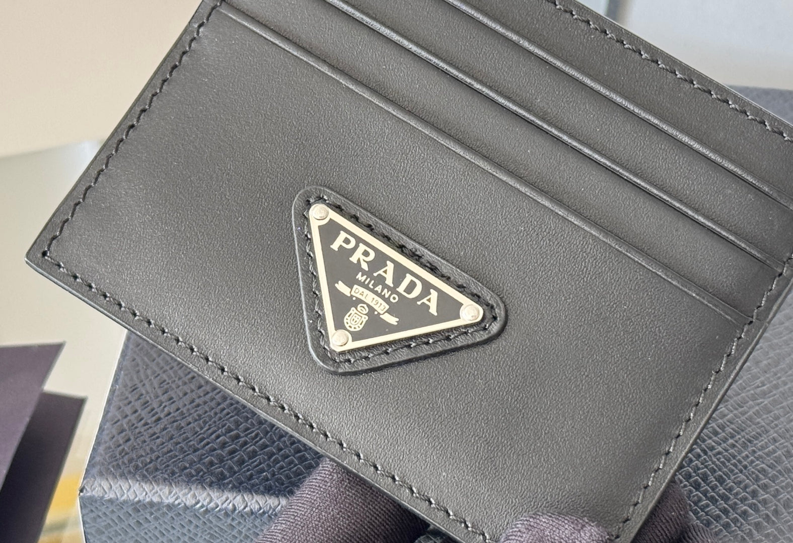 Pra Metal Logo-Plaque Card Holder Black Saffiano Leather mysite