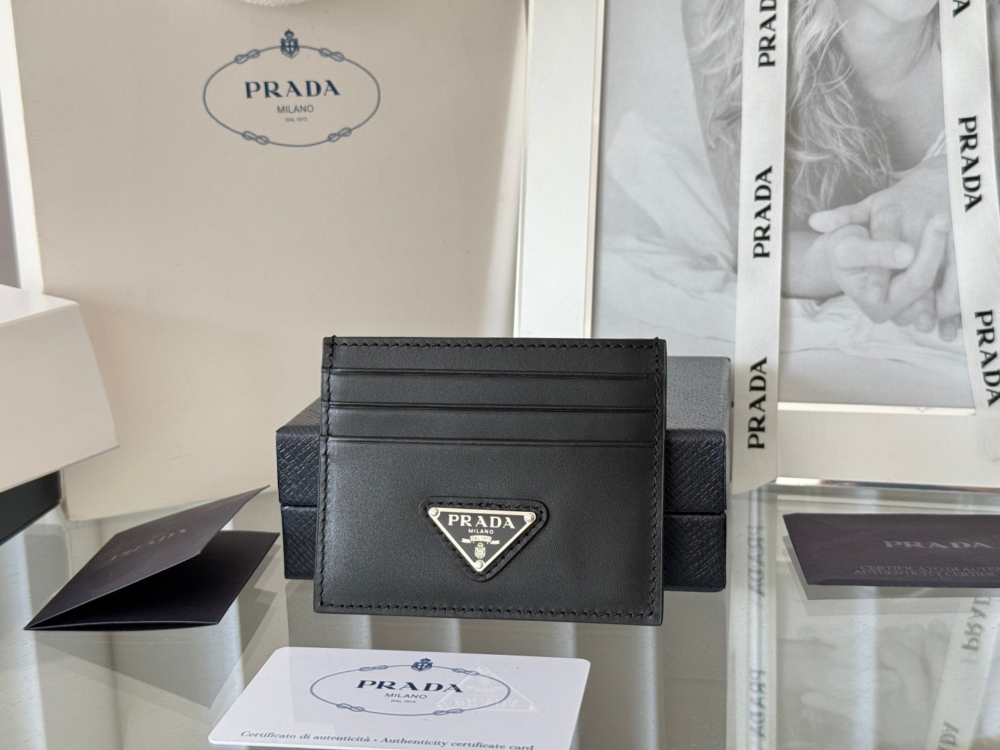 Pra Metal Logo-Plaque Card Holder Black Saffiano Leather mysite