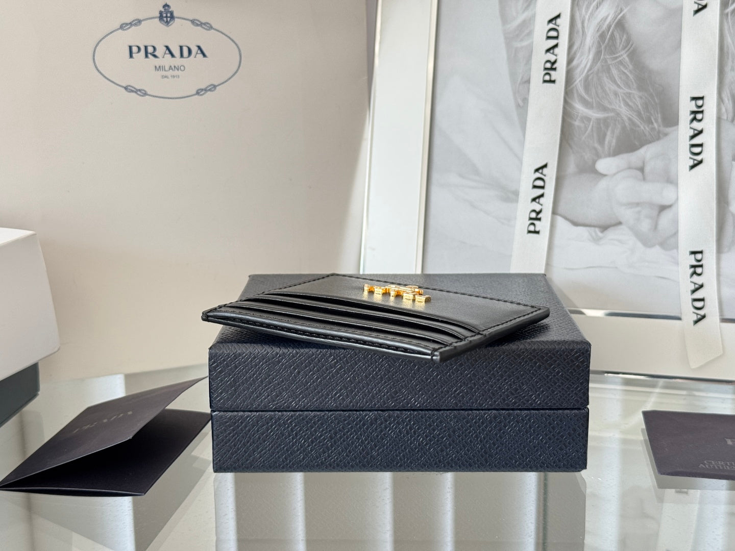 Pra Gold Logo-Stamp Card Holder Black Saffiano Leather mysite