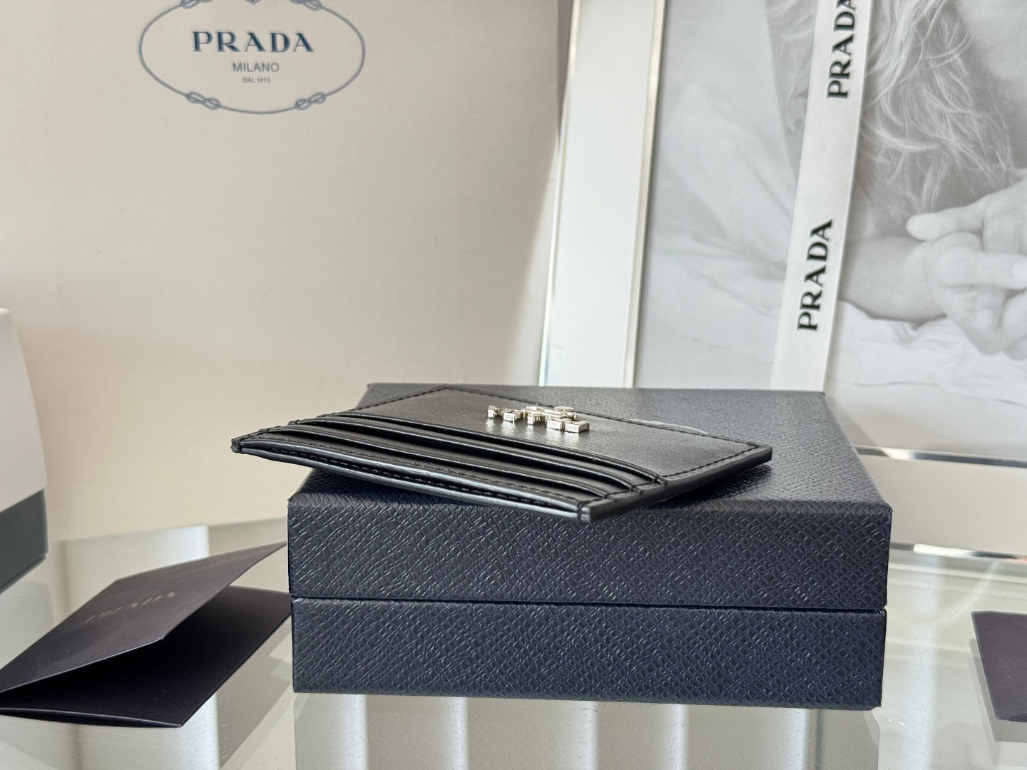 Pra Metal Logo-Stamp Card Holder Black Saffiano Leather mysite