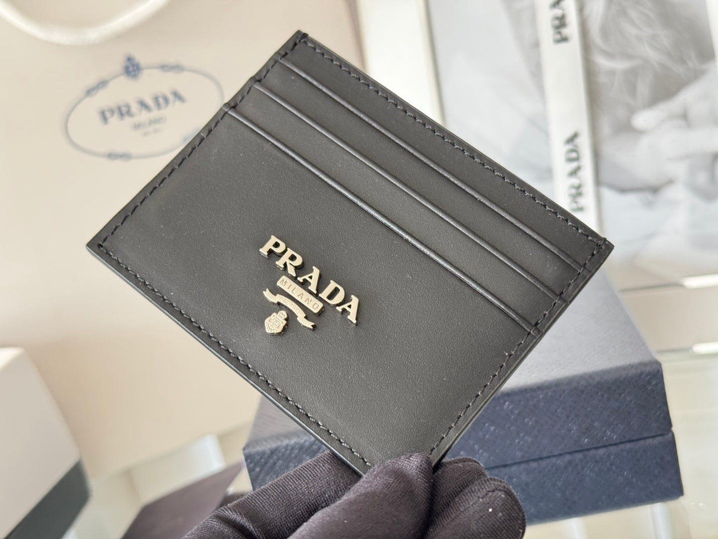Pra Metal Logo-Stamp Card Holder Black Saffiano Leather mysite