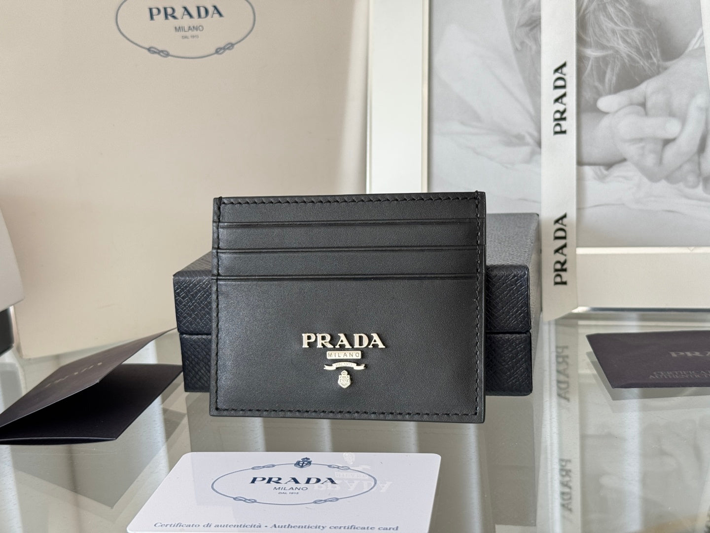 Pra Metal Logo-Stamp Card Holder Black Saffiano Leather mysite
