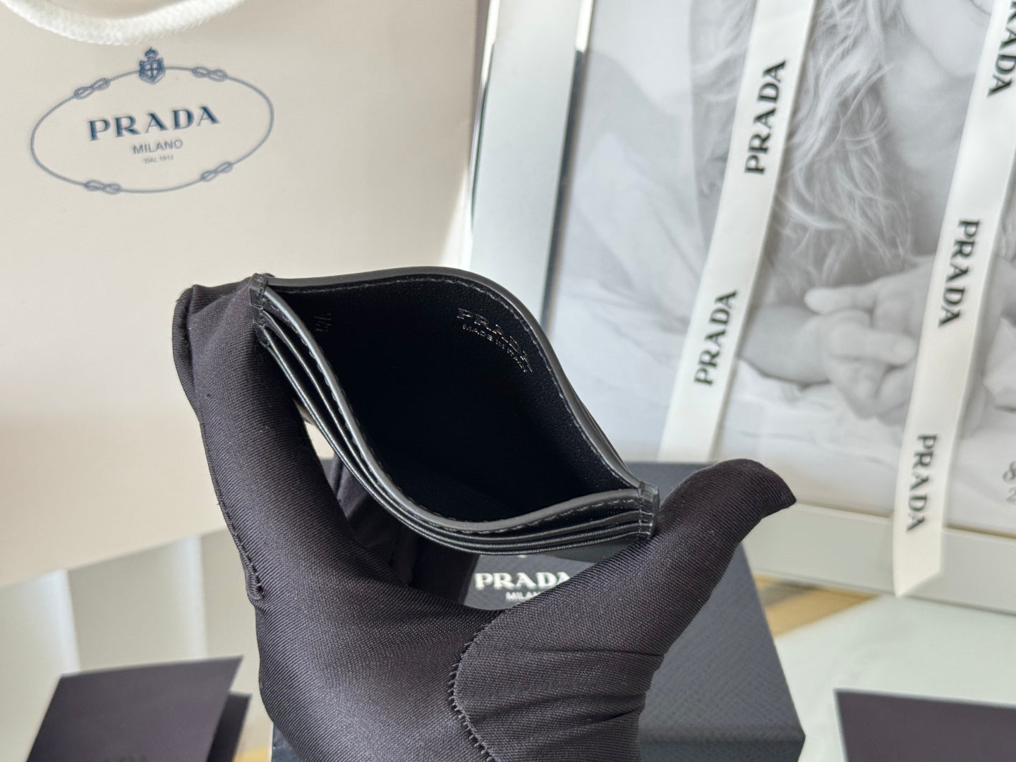 Pra Metal Logo-Stamp Card Holder Black Saffiano Leather mysite