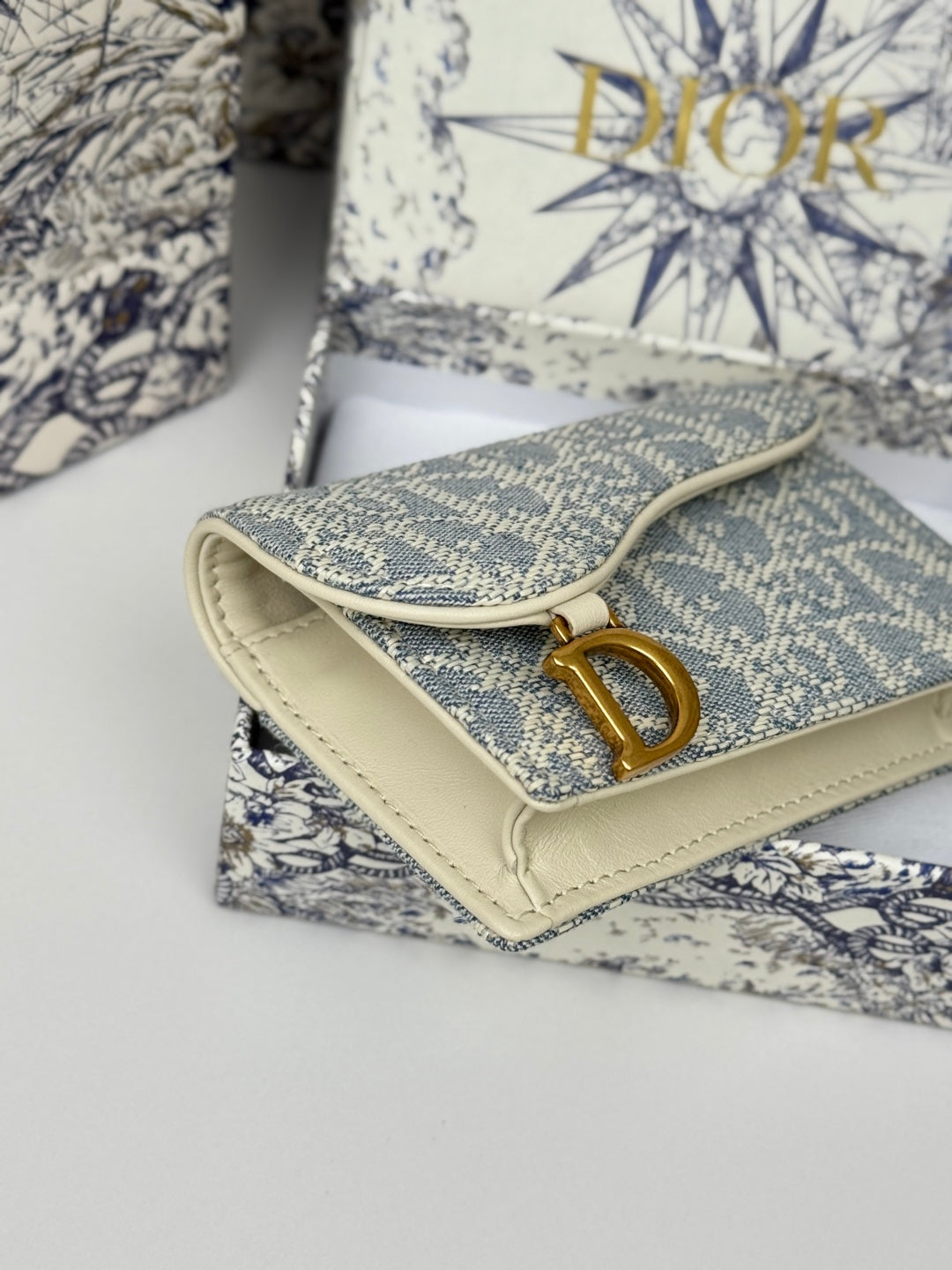CD Saddle Lotus Wallet 10.5cm White Grey Jacquard GHW mysite