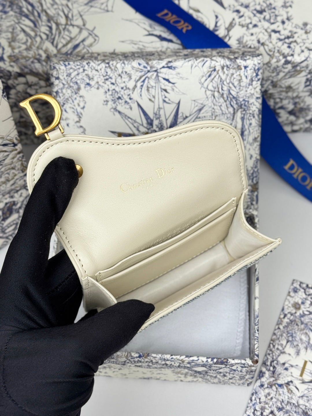 CD Saddle Lotus Wallet 10.5cm White Grey Jacquard GHW mysite