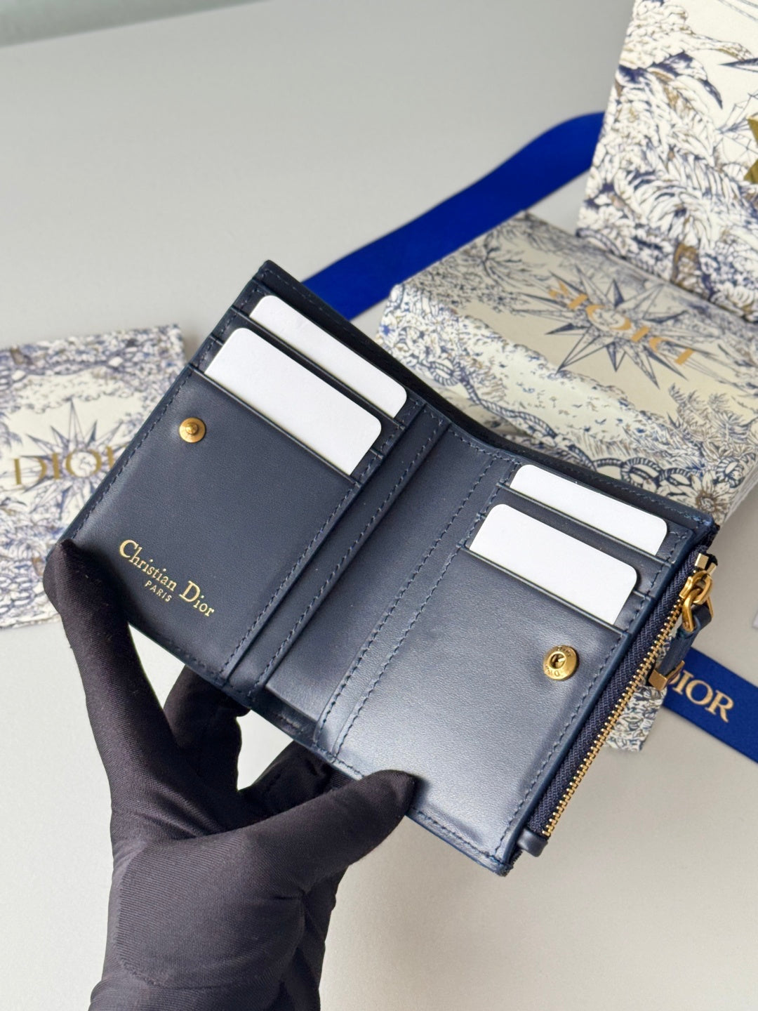 CD 30 Montaigne Dahlia Wallet 12cm Blue Fabric & Calfskin Jacquard mysite