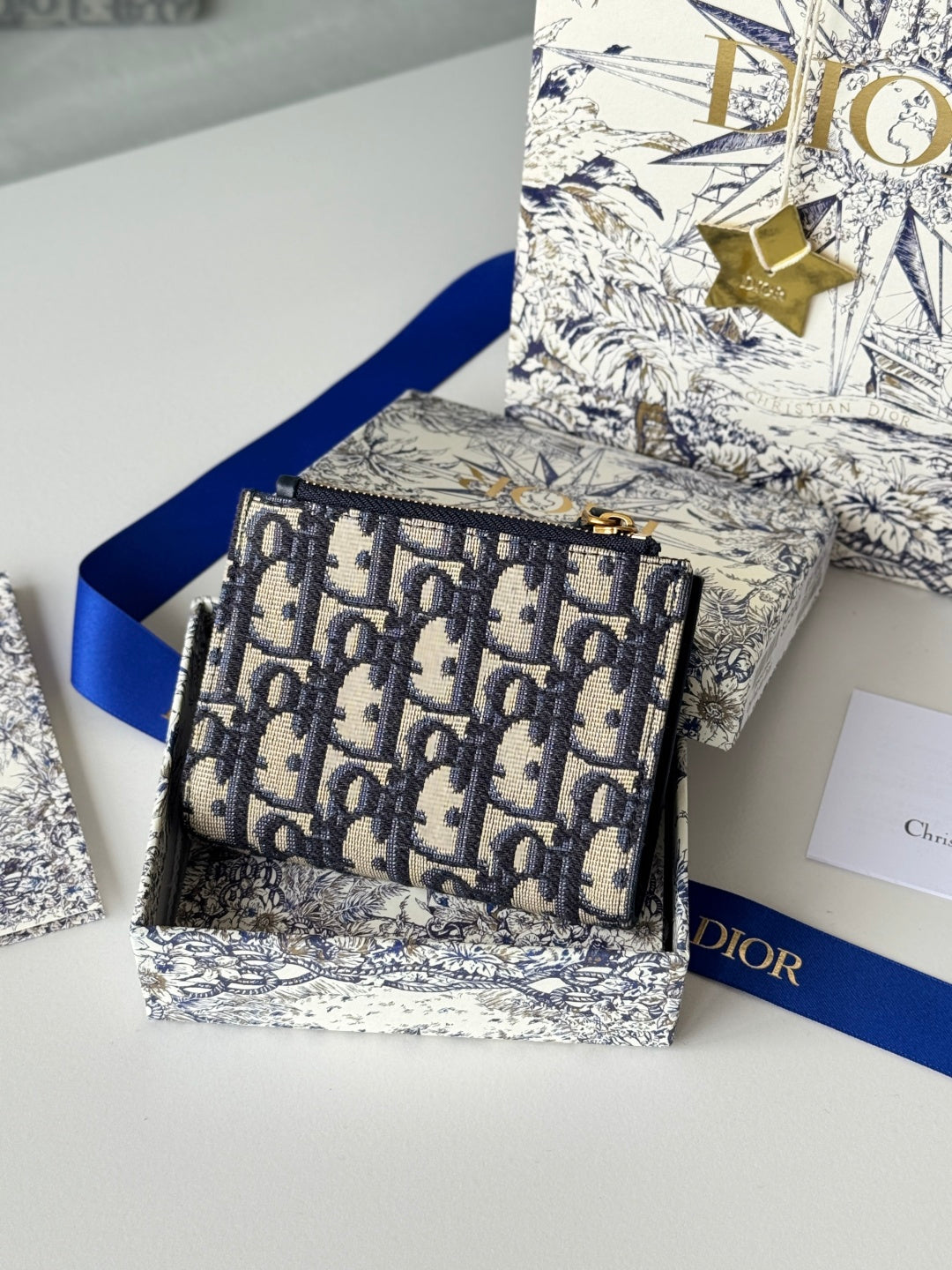 CD 30 Montaigne Dahlia Wallet 12cm Blue Fabric & Calfskin Jacquard mysite