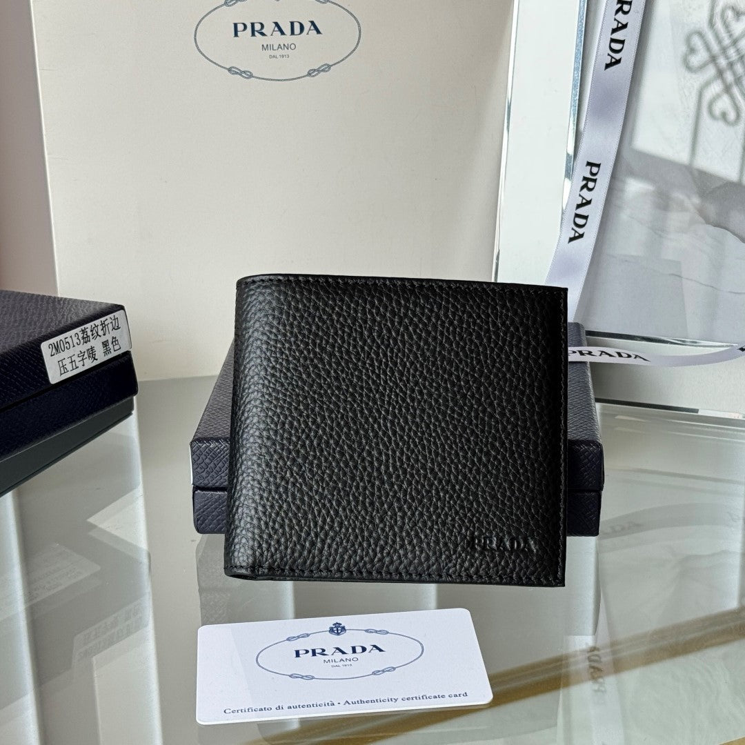 Pra 2M0513 Logo-Debossed Wallet 11cm Black lychee-grained cowhide mysite