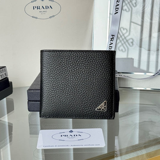 Pra 2M0513  Metal Triangle Logo Wallet 11cm Black lychee-grained cowhide mysite