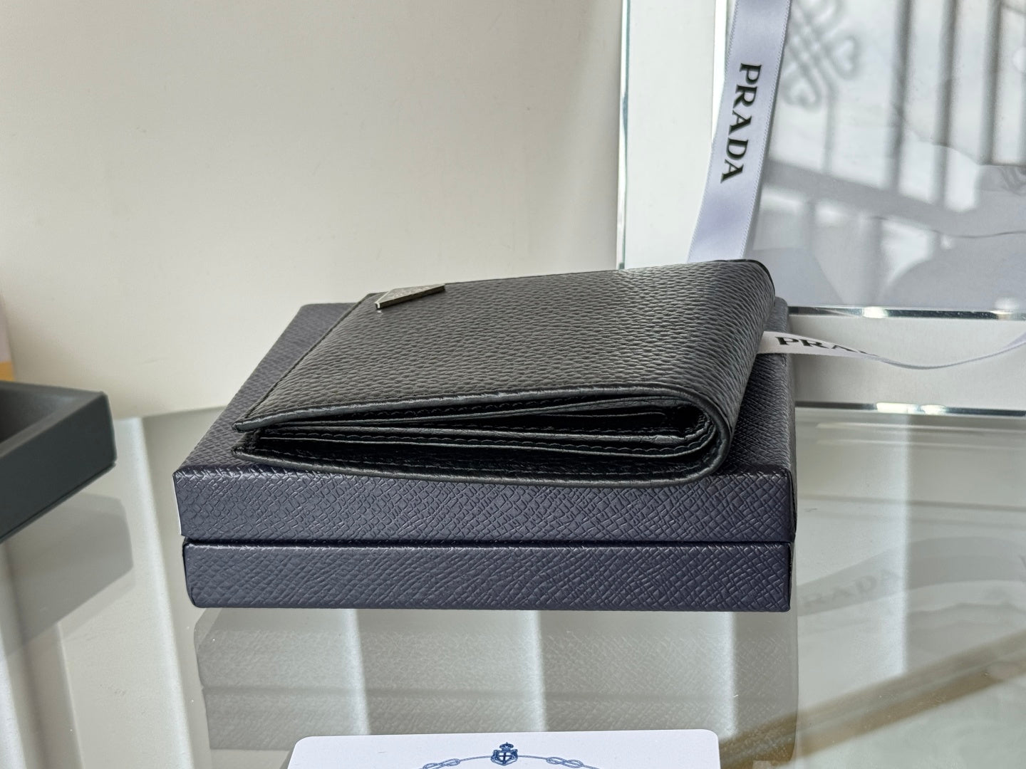 Pra 2M0513  Metal Triangle Logo Wallet 11cm Black lychee-grained cowhide mysite