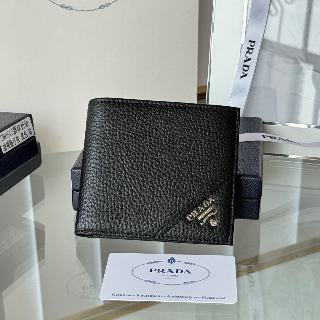 Pra 2M0513 Logo-Stamp Wallet 11cm Black lychee-grained cowhide mysite