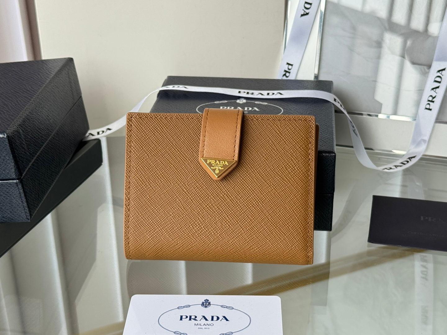 Pra 1MV204 Small Wallet Brown Saffiano & Smooth Leather mysite